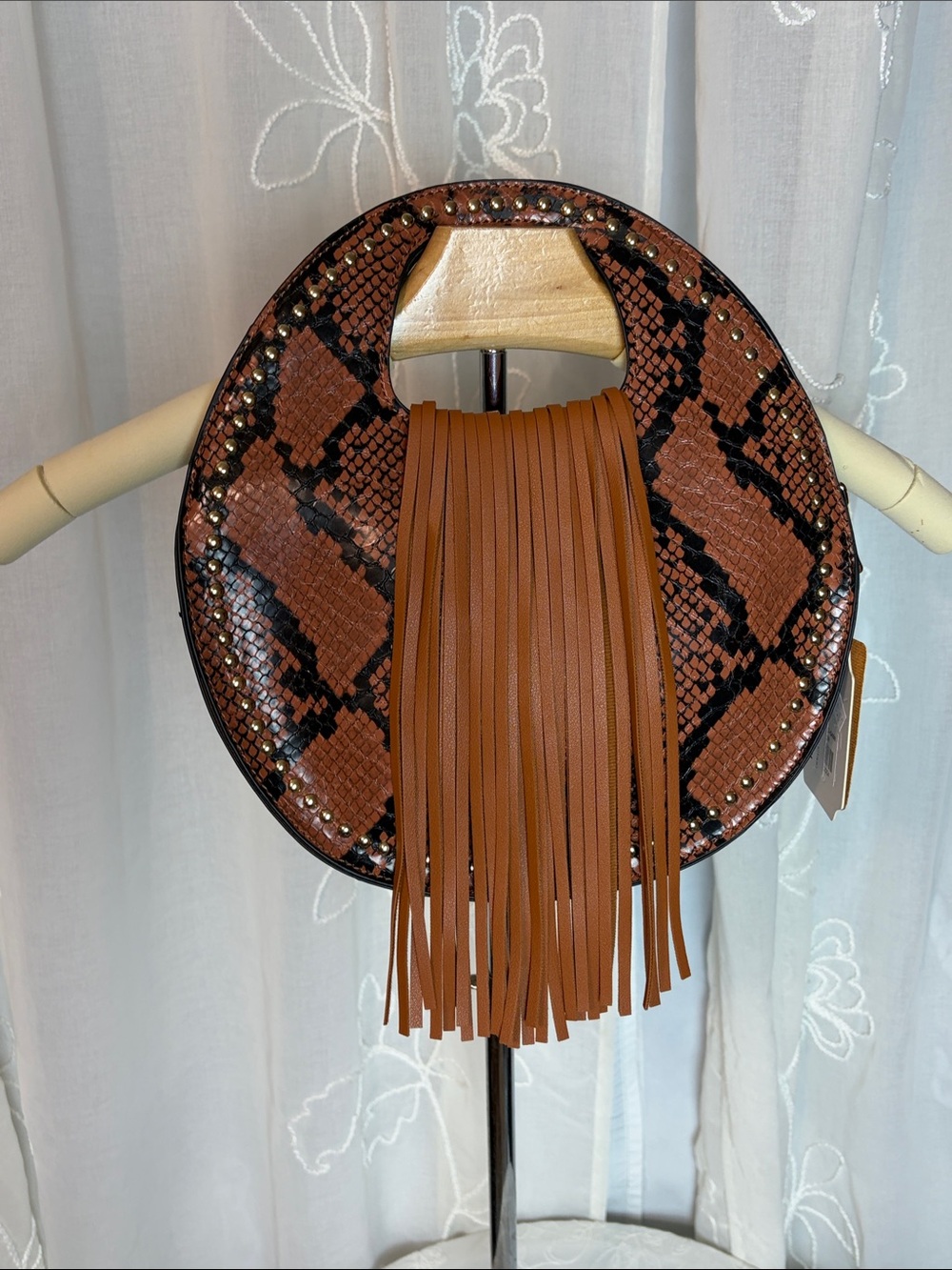 Handbag Republic Fringed Round Snake-Print Tote - Brown vegan leather NWT!